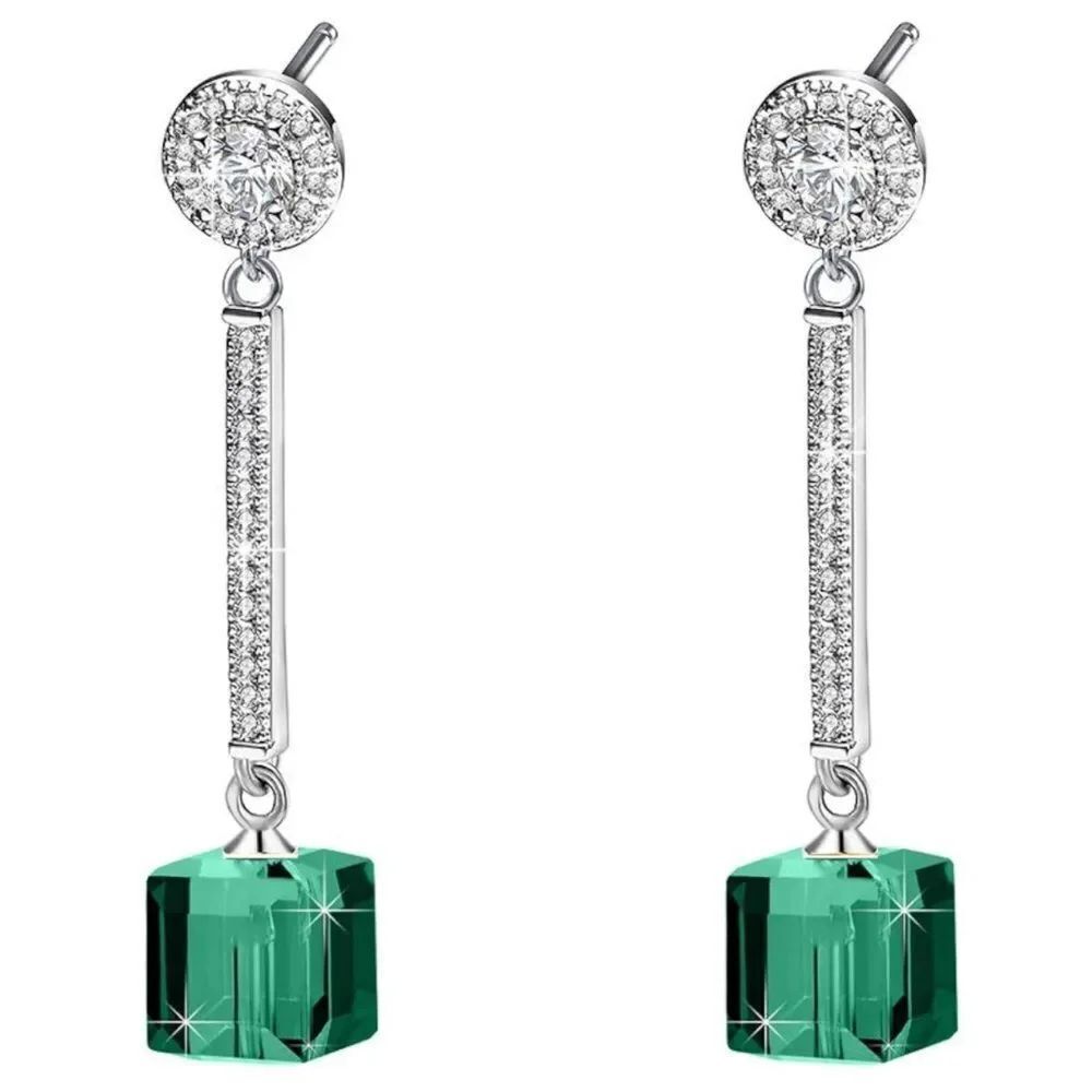 .925 Sterling Silver with Emerald Austrian Green Crystal Dangling Cube Earrings
